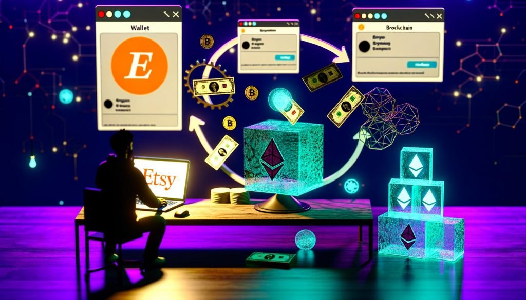 Szenen rund um den NFT-Handel auf Etsy: Laptop mit NFT-Artworks und Blockchain-Logos, schematische Darstellung des Prozesses von der Datei über die Blockchain ins Etsy-Interface, technische Schwierigkeiten, automatisierter Workflow, NFT-bezogene Suchergebnisse, Mythos-vs.-Realität-Vergleich und erfolgreiche Tech-Crew beim Abschluss eines NFT-Deals.