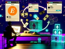 Szenen rund um den NFT-Handel auf Etsy: Laptop mit NFT-Artworks und Blockchain-Logos, schematische Darstellung des Prozesses von der Datei über die Blockchain ins Etsy-Interface, technische Schwierigkeiten, automatisierter Workflow, NFT-bezogene Suchergebnisse, Mythos-vs.-Realität-Vergleich und erfolgreiche Tech-Crew beim Abschluss eines NFT-Deals.