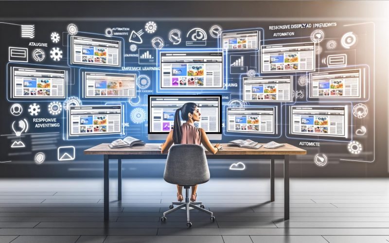 Marketing-Spezialist an einem modernen Arbeitsplatz überwacht diverse responsive Display-Ads auf mehreren Monitoren, umgeben von Symbolen für Automatisierung, maschinelles Lernen und Datenoptimierung.