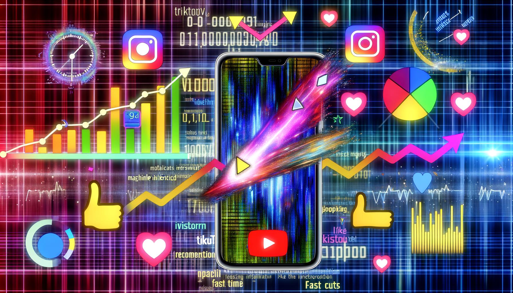 Dynamische Collage mit Smartphone, viral laufendem Short-Video, Analytics-Diagrammen, Emojis, Uhren, Machine-Learning-Elementen und angedeuteten Social-Media-Logos, symbolisiert den datengetriebenen Erfolg viraler Videos.