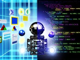 Illustration eines Googleroboters vor unzugänglichen, leuchtenden Web-Components im Shadow DOM. Unsichtbare Inhalte und sinkende SERP-Rankings im technoiden Design.