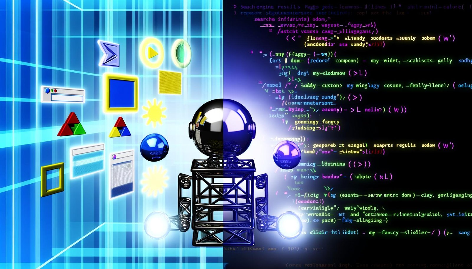 Illustration eines Googleroboters vor unzugänglichen, leuchtenden Web-Components im Shadow DOM. Unsichtbare Inhalte und sinkende SERP-Rankings im technoiden Design.