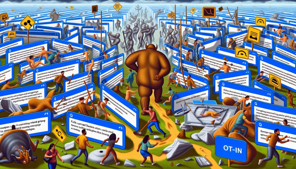 Überfüllte digitale Landschaft mit unzähligen überlappenden Cookie-Hinweisen, frustrierten Nutzern und riesigem Elefanten namens ePrivacy, der Marketing-Symbole zertrampelt.