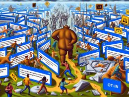 Überfüllte digitale Landschaft mit unzähligen überlappenden Cookie-Hinweisen, frustrierten Nutzern und riesigem Elefanten namens ePrivacy, der Marketing-Symbole zertrampelt.