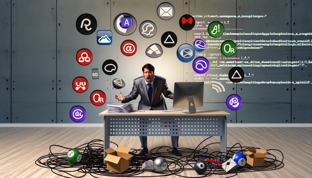 Genervte Person blickt auf einen überfüllten Schreibtisch mit durcheinandergewürfelten Software-Logos, verhedderten Kabeln und technischen Fehlermeldungen.