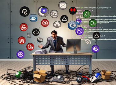 Genervte Person blickt auf einen überfüllten Schreibtisch mit durcheinandergewürfelten Software-Logos, verhedderten Kabeln und technischen Fehlermeldungen.