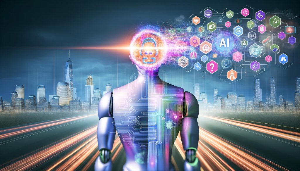 Humanoider Roboter mit offenem Technik-Kopf voller Datenströme und neuronaler Netzwerke, umgeben von holografischen Marketing-Symbolen, vor einer futuristischen Skyline mit Server-Farmen und Code-Schnipseln.