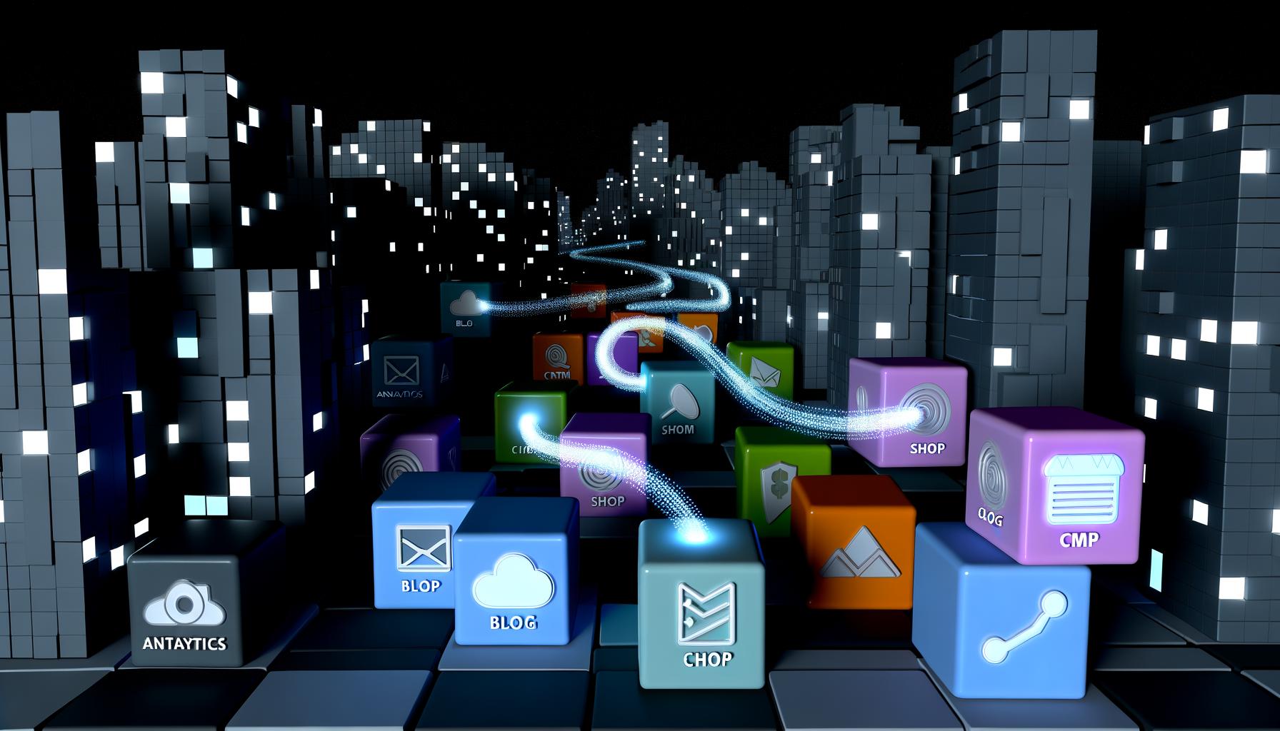 Moderne Stadtlandschaft bei Nacht mit farbigen, leuchtenden Modul-Bausteinen wie Blog, Shop, CRM und Analytics. Im Hintergrund verblassen große, graue Monolithen mit WordPress- und Typo3-Logos.