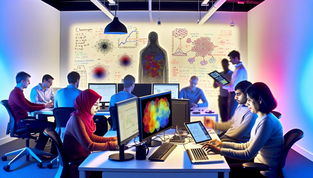 Gruppe von Data Scientists arbeitet im modernen Labor mit Laptops und zeigt komplexe Datenvisualisierungen auf Monitoren, Whiteboard mit Formeln und Netzwerk-Graphen im Hintergrund.