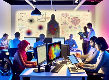 Gruppe von Data Scientists arbeitet im modernen Labor mit Laptops und zeigt komplexe Datenvisualisierungen auf Monitoren, Whiteboard mit Formeln und Netzwerk-Graphen im Hintergrund.