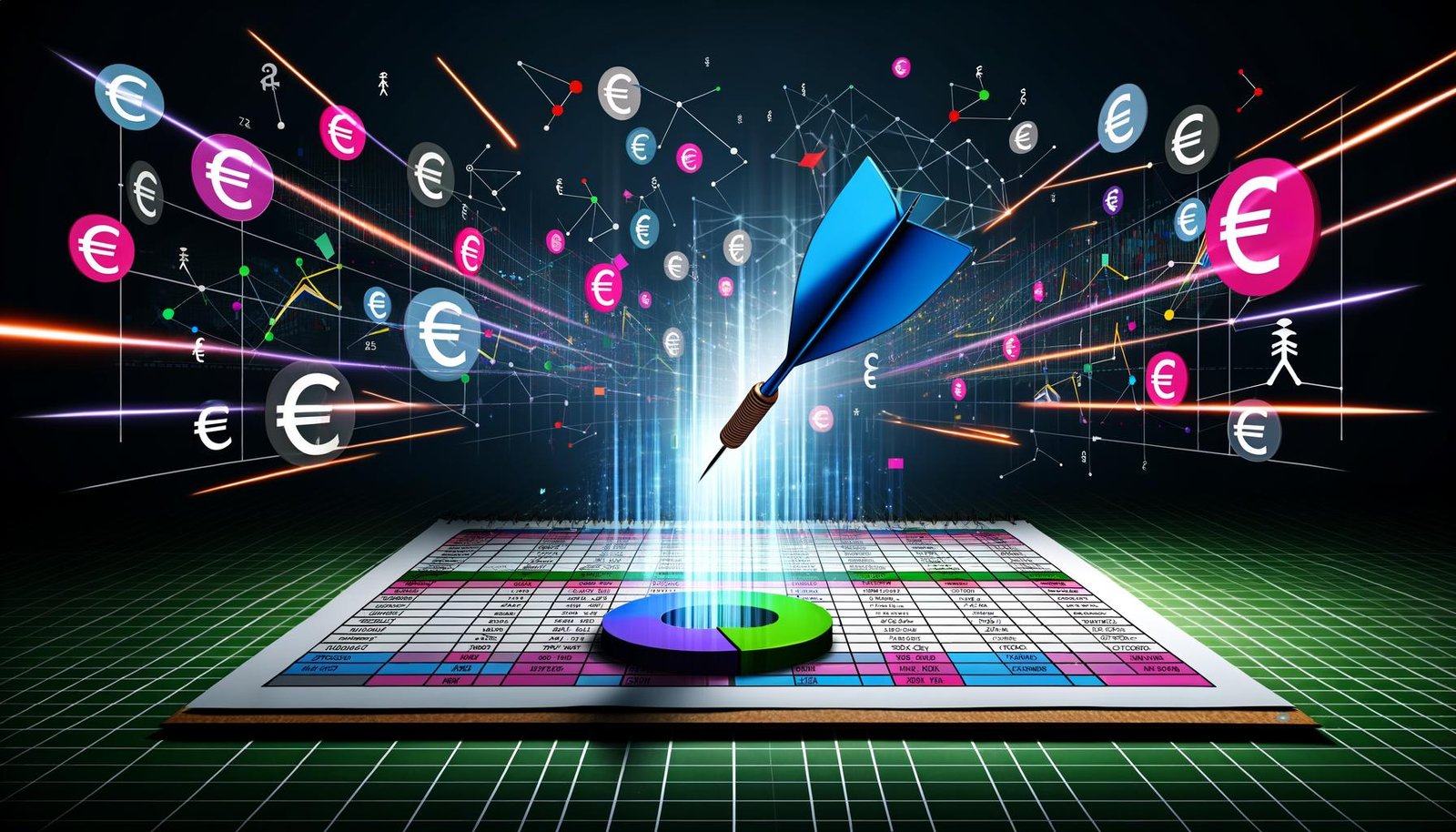 Modernes Titelbild mit einem aufgeschlagenen Tracking-Plan-Datenblatt, durchzogen von digitalen Lichtstrahlen, vor einem Hintergrund aus zerbrechenden Marketing-Symbolen und geordneten Datenströmen.