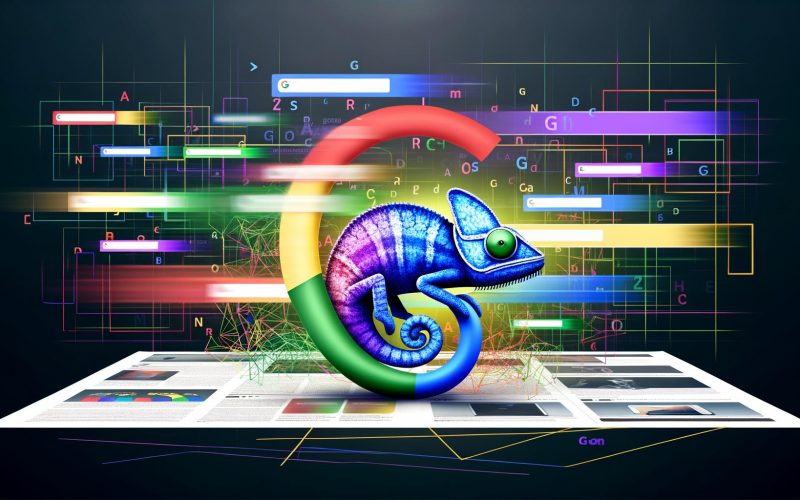 Illustration eines googlefarbenen Chamäleons auf einem Bildschirm mit farbenfrohen Textbalken, die die Vielfalt responsive Suchanzeigen und maschinelles Lernen symbolisieren.