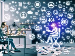 Solopreneur am Schreibtisch mit Laptop, Tablet und Smartphone, umgeben von Icons für Automatisierung und Etsy, sichtbar laufende automatisierte Prozesse, im Hintergrund gestresste Personen mit Papierstapeln.