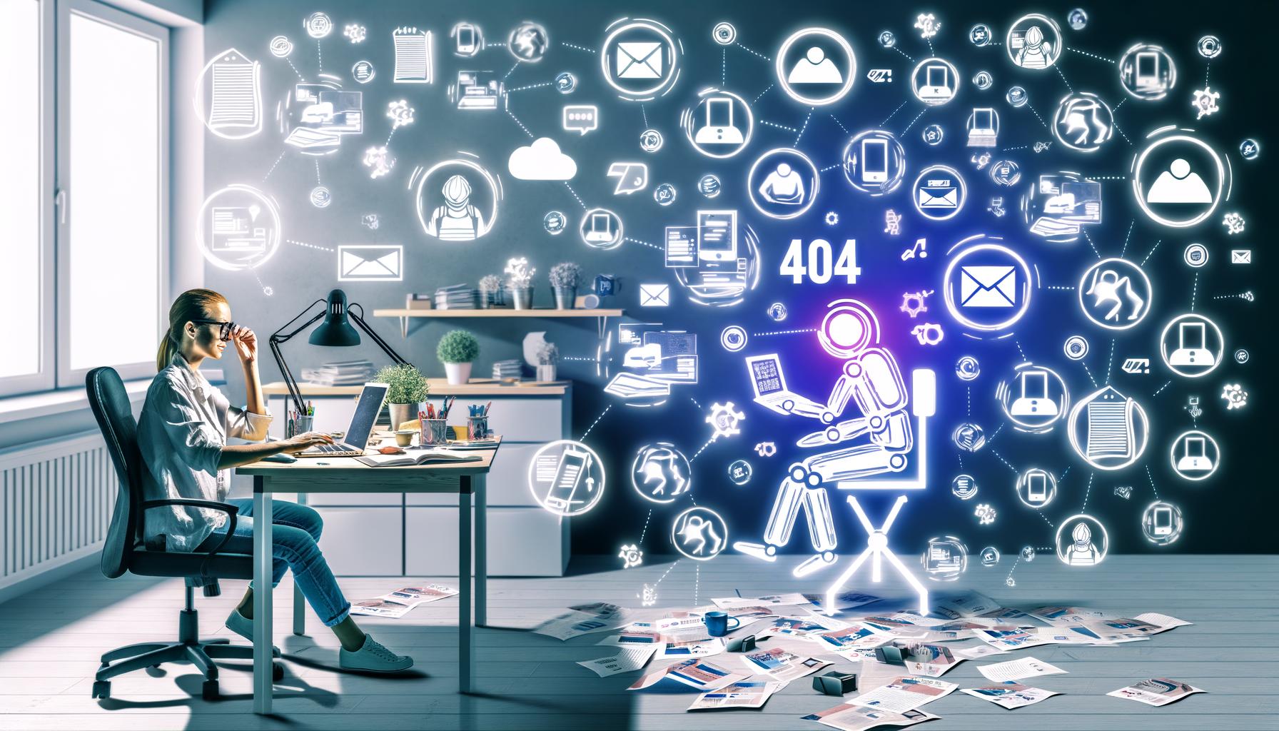 Solopreneur am Schreibtisch mit Laptop, Tablet und Smartphone, umgeben von Icons für Automatisierung und Etsy, sichtbar laufende automatisierte Prozesse, im Hintergrund gestresste Personen mit Papierstapeln.