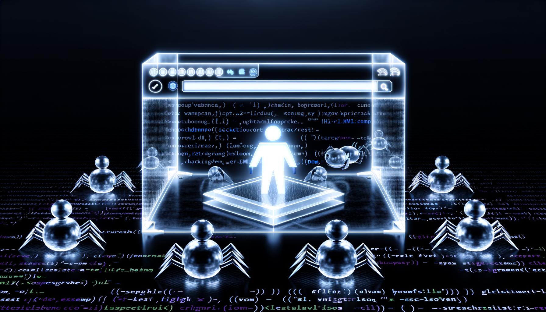 Futuristische Illustration einer Website, bei der Suchmaschinen-Bots am unsichtbaren Shadow DOM unter einer frostierten Glasschicht abprallen, mit leuchtendem Code und dunklem Hintergrund.