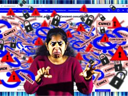 Chaotische Webseite mit übereinanderliegenden Cookie-Bannern, entnervter Frau im Vordergrund und Tech-Logos sowie Datenschutz-Symbolen im Hintergrund.