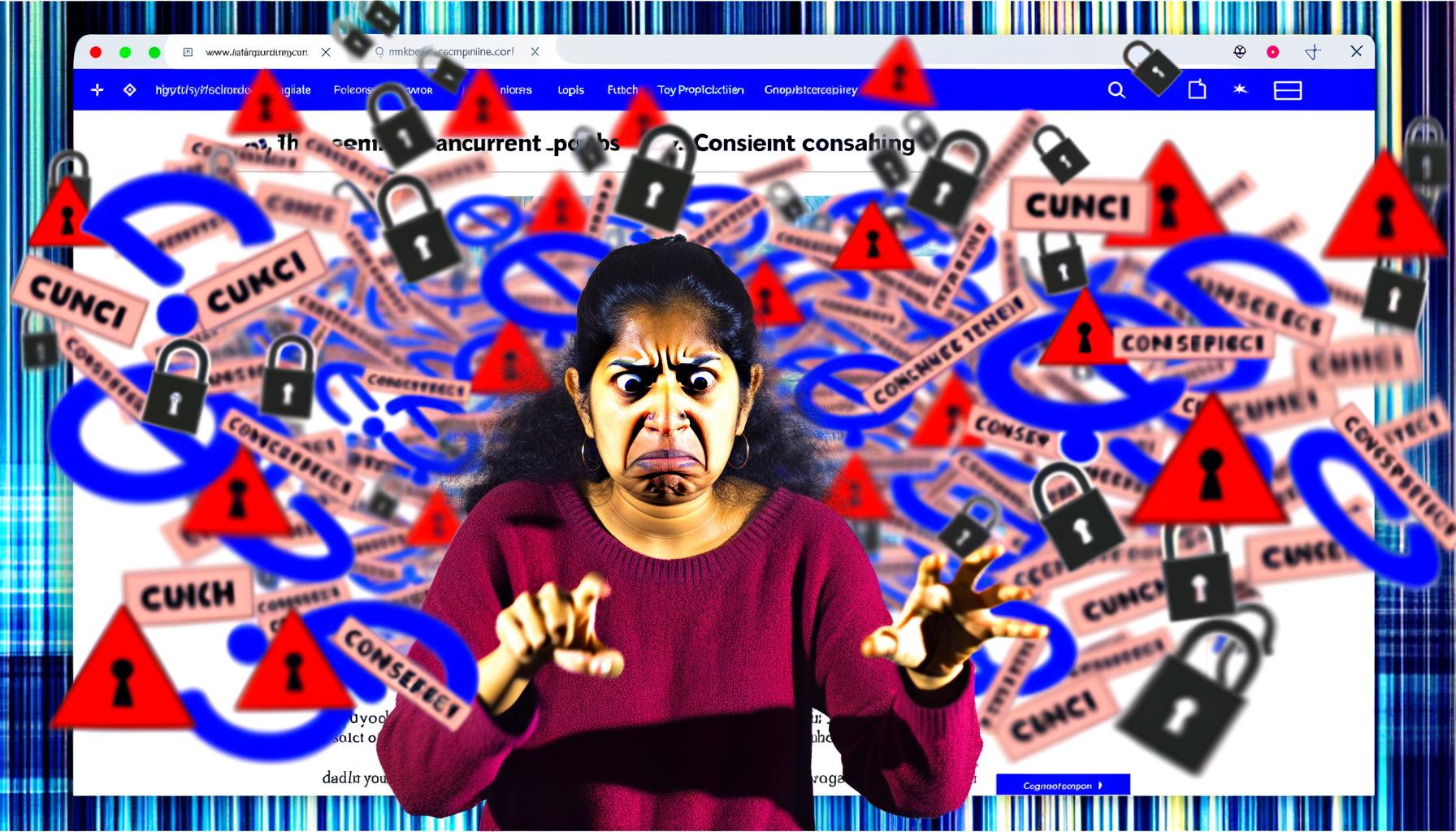 Chaotische Webseite mit übereinanderliegenden Cookie-Bannern, entnervter Frau im Vordergrund und Tech-Logos sowie Datenschutz-Symbolen im Hintergrund.