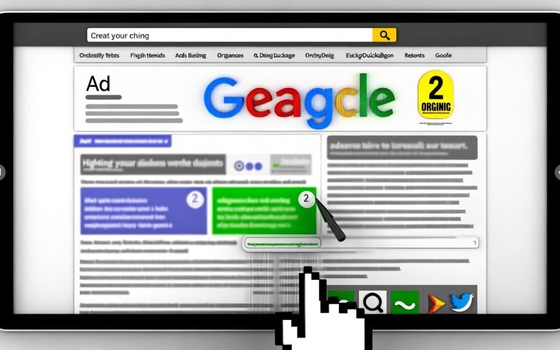 Stilisierte Darstellung eines Suchmaschinenergebnisses mit farbigen Search Ads, grauen organischen Treffern und Erkennungssymbolen für Google, Bing und DuckDuckGo.
