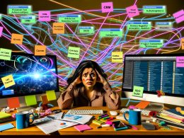 Gestresste:r Marketing-Manager:in zwischen chaotischem Schreibtisch und überladenen Computerbildschirmen, umgeben von digitalen Datenströmen und fehlerhaften Tool-Integrationen.