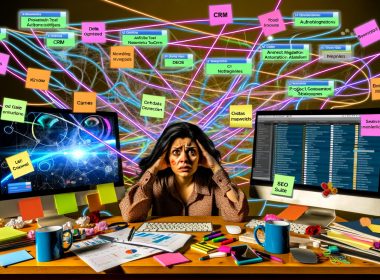 Gestresste:r Marketing-Manager:in zwischen chaotischem Schreibtisch und überladenen Computerbildschirmen, umgeben von digitalen Datenströmen und fehlerhaften Tool-Integrationen.