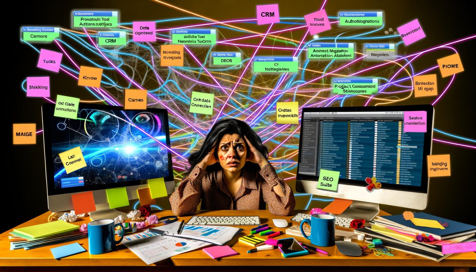 Gestresste:r Marketing-Manager:in zwischen chaotischem Schreibtisch und überladenen Computerbildschirmen, umgeben von digitalen Datenströmen und fehlerhaften Tool-Integrationen.