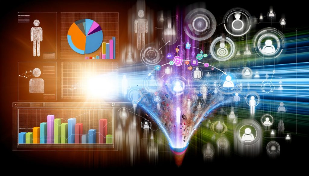 Modernes, energiegeladenes Dashboard mit bunten Grafiken und Diagrammen zur Visualisierung von Kundensegmenten vor einem futuristischen Dateninterface; Symbole alter Technologien verschwimmen im Hintergrund.