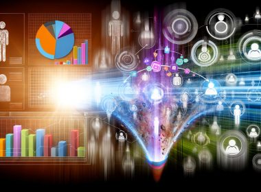 Modernes, energiegeladenes Dashboard mit bunten Grafiken und Diagrammen zur Visualisierung von Kundensegmenten vor einem futuristischen Dateninterface; Symbole alter Technologien verschwimmen im Hintergrund.