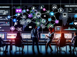 Team von Marketern diskutiert vor großen Monitoren mit Social-Media-Feeds, Statistiken, E-Mail-Marketing und Content-Kalender sowie holographischen API- und Reichweiten-Grafiken in modernem Büro.