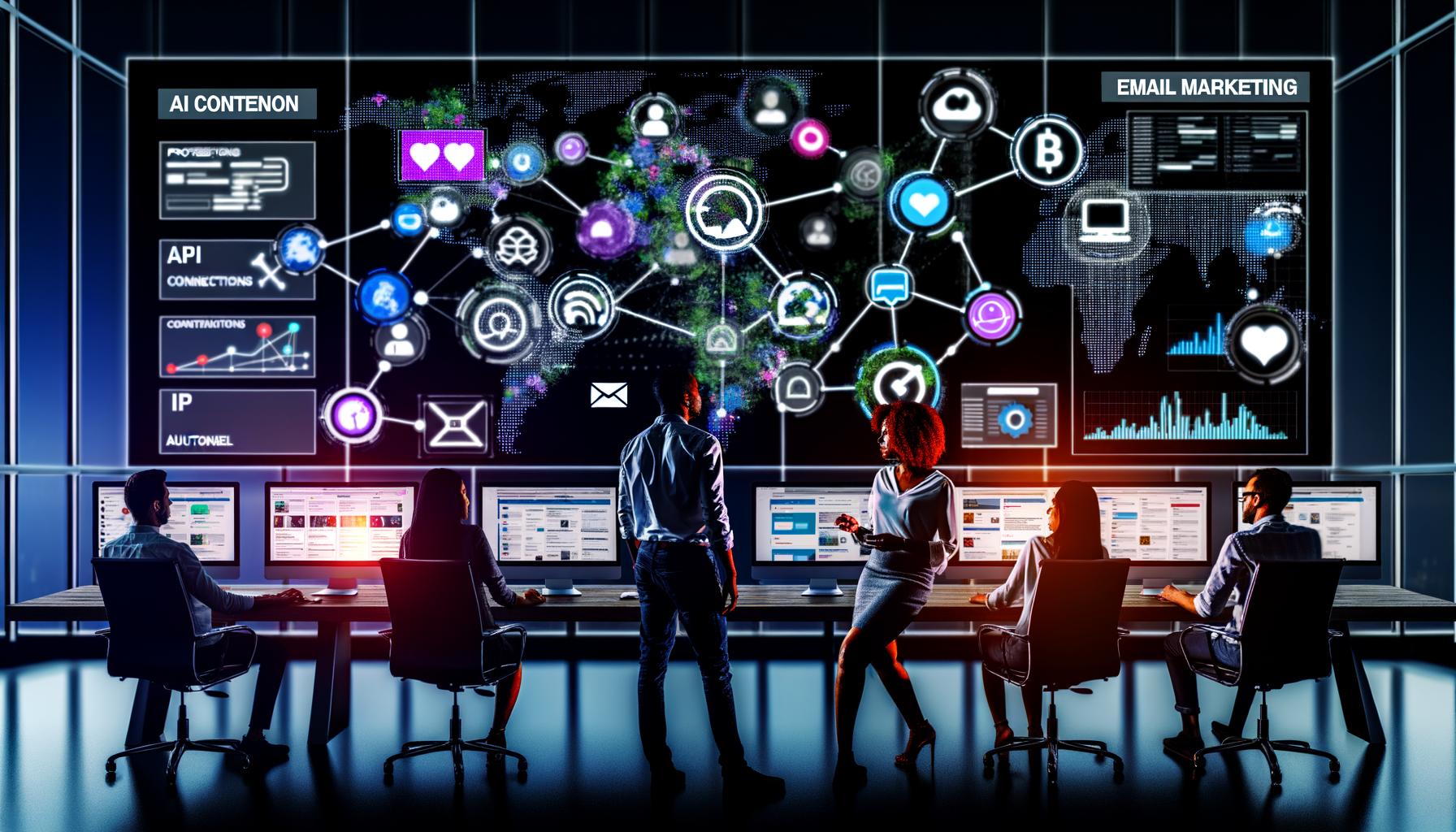Team von Marketern diskutiert vor großen Monitoren mit Social-Media-Feeds, Statistiken, E-Mail-Marketing und Content-Kalender sowie holographischen API- und Reichweiten-Grafiken in modernem Büro.