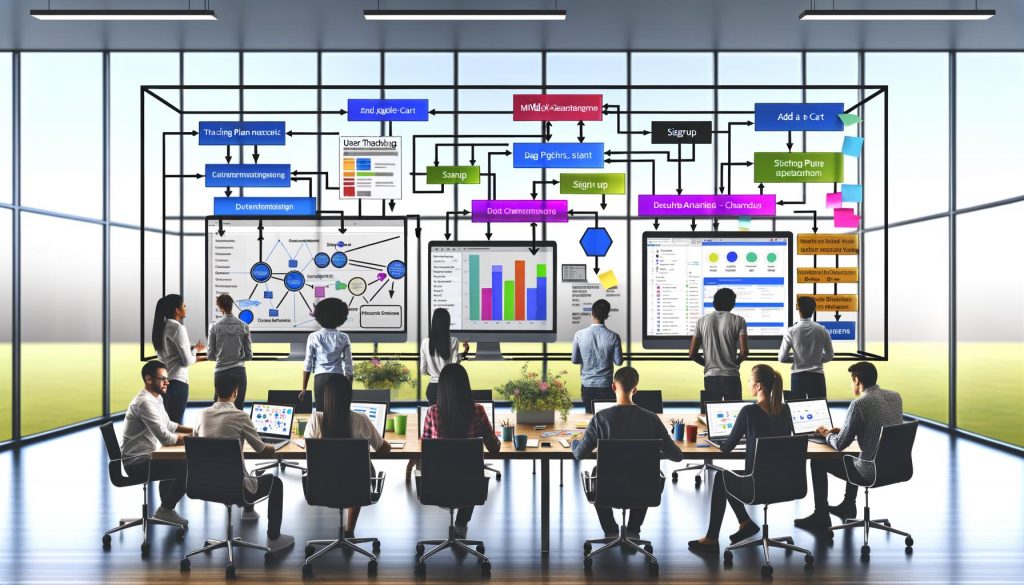Moderne Büroumgebung mit Marketing-Team vor großem digitalen Dashboard. Flowcharts visualisieren Nutzerinteraktionen wie 'Add-to-Cart' und 'Signup', verbunden mit Analyse-Tools wie Google Analytics, Tag Manager und Facebook Pixel. Farbcodierte Post-its markieren Events und Trigger.