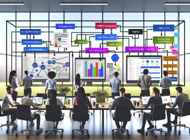 Moderne Büroumgebung mit Marketing-Team vor großem digitalen Dashboard. Flowcharts visualisieren Nutzerinteraktionen wie 'Add-to-Cart' und 'Signup', verbunden mit Analyse-Tools wie Google Analytics, Tag Manager und Facebook Pixel. Farbcodierte Post-its markieren Events und Trigger.