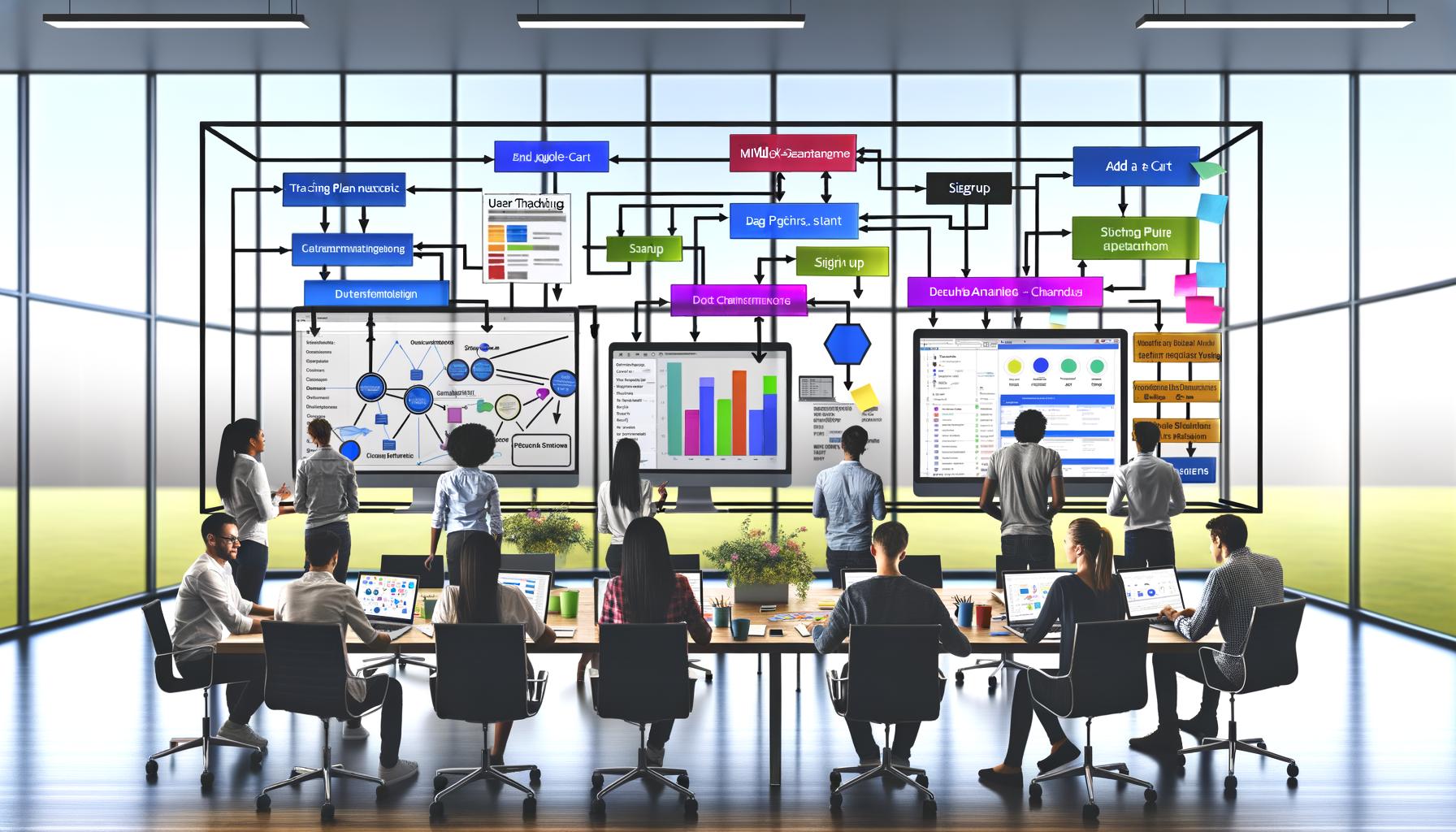 Moderne Büroumgebung mit Marketing-Team vor großem digitalen Dashboard. Flowcharts visualisieren Nutzerinteraktionen wie 'Add-to-Cart' und 'Signup', verbunden mit Analyse-Tools wie Google Analytics, Tag Manager und Facebook Pixel. Farbcodierte Post-its markieren Events und Trigger.