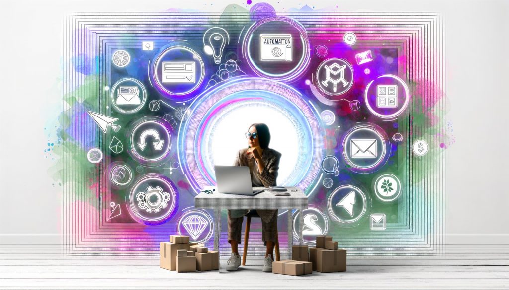 Titelbild eines Etsy Solopreneur Automation Guides mit Einzelperson am Schreibtisch, digitalen Icons und modernen Interface-Elementen, umgeben von trendigen, abstrakten Mustern.