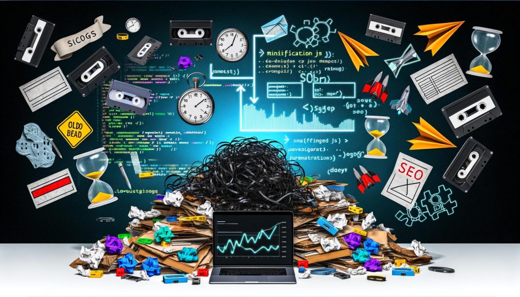 Flach gelegene Komposition: Linke Seite voller alter VHS-Kassetten, Stapel ausgedruckten JavaScript-Codes und verschlungener Sanduhren; rechte Seite mit schlankem Laptop, der schnellen Code-Deployment, 'Minified JS'-Diagramme und steigende SEO-Grafiken anzeigt. Im Hintergrund Symbole für Geschwindigkeit, Raketen und sinkende Suchrankings.