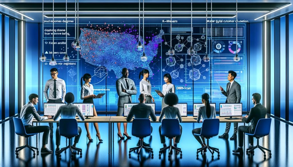 Modernes Open-Office mit Data Scientists und Marketern, die an einem großen digitalen Cluster-Graphen zur Kundensegmentierung arbeiten, transparenten Datenbildschirmen und codierten Diagrammen, unter kühlem Licht.