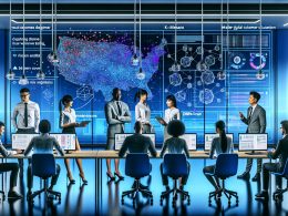 Modernes Open-Office mit Data Scientists und Marketern, die an einem großen digitalen Cluster-Graphen zur Kundensegmentierung arbeiten, transparenten Datenbildschirmen und codierten Diagrammen, unter kühlem Licht.