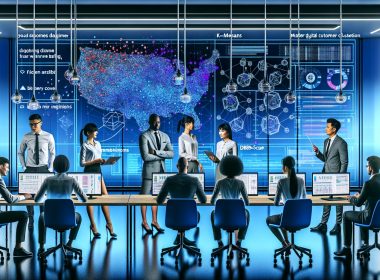 Modernes Open-Office mit Data Scientists und Marketern, die an einem großen digitalen Cluster-Graphen zur Kundensegmentierung arbeiten, transparenten Datenbildschirmen und codierten Diagrammen, unter kühlem Licht.