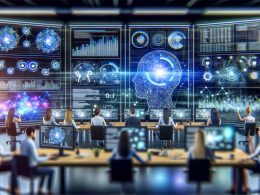 Illustration einer Gruppe moderner Marketer an einer Kreuzung zwischen futuristischer Datencity und bürokratischem Chaos, mit einer Datenschutz-Kugel und verzerrter Werbetafel im Zentrum.