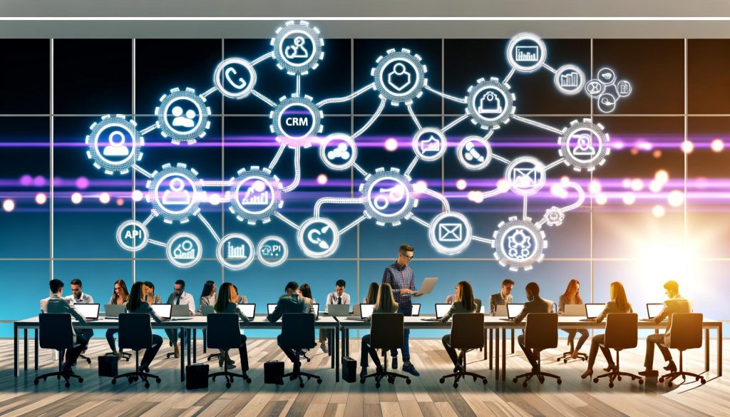 Minimalistische Illustration eines modernen Start-up-Teams an Laptops mit einer zentralen Toolchain aus Software-Symbolen und einem schwebenden Dashboard mit Wachstums- und KPI-Grafiken.