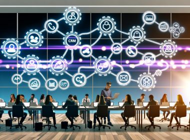 Minimalistische Illustration eines modernen Start-up-Teams an Laptops mit einer zentralen Toolchain aus Software-Symbolen und einem schwebenden Dashboard mit Wachstums- und KPI-Grafiken.