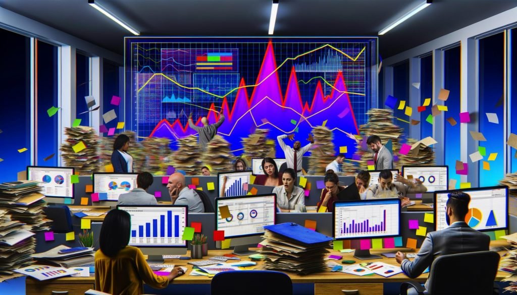 Illustration eines chaotischen Marketingbüros mit überfüllten Computern, wirren Daten, gestapelten Tracking-Ordnern und überforderten Mitarbeitern in einem digitalen Büro.