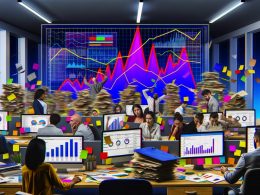 Illustration eines chaotischen Marketingbüros mit überfüllten Computern, wirren Daten, gestapelten Tracking-Ordnern und überforderten Mitarbeitern in einem digitalen Büro.