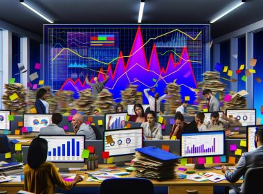 Illustration eines chaotischen Marketingbüros mit überfüllten Computern, wirren Daten, gestapelten Tracking-Ordnern und überforderten Mitarbeitern in einem digitalen Büro.