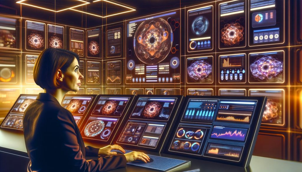 Futuristisch gestalteter Kontrollraum mit professionellem Anwender, großen Bildschirmen, Website-Dashboards, Datencharts und Netzwerkdiagrammen – Symbol für umfassendes Multisite- und Markenmanagement.