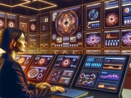 Futuristisch gestalteter Kontrollraum mit professionellem Anwender, großen Bildschirmen, Website-Dashboards, Datencharts und Netzwerkdiagrammen – Symbol für umfassendes Multisite- und Markenmanagement.