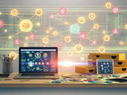 Moderner Etsy-Solopreneur-Arbeitsplatz mit Laptop, Tablets, Automatisierungstools, To-Do-Liste und leuchtenden Datenverbindungen im minimalistischen Design.