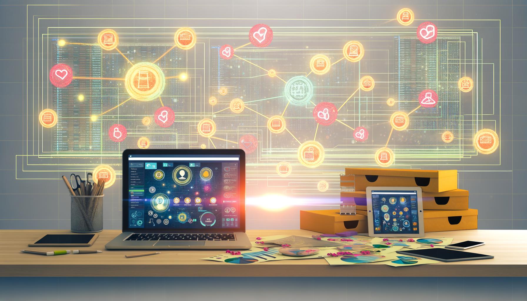 Moderner Etsy-Solopreneur-Arbeitsplatz mit Laptop, Tablets, Automatisierungstools, To-Do-Liste und leuchtenden Datenverbindungen im minimalistischen Design.