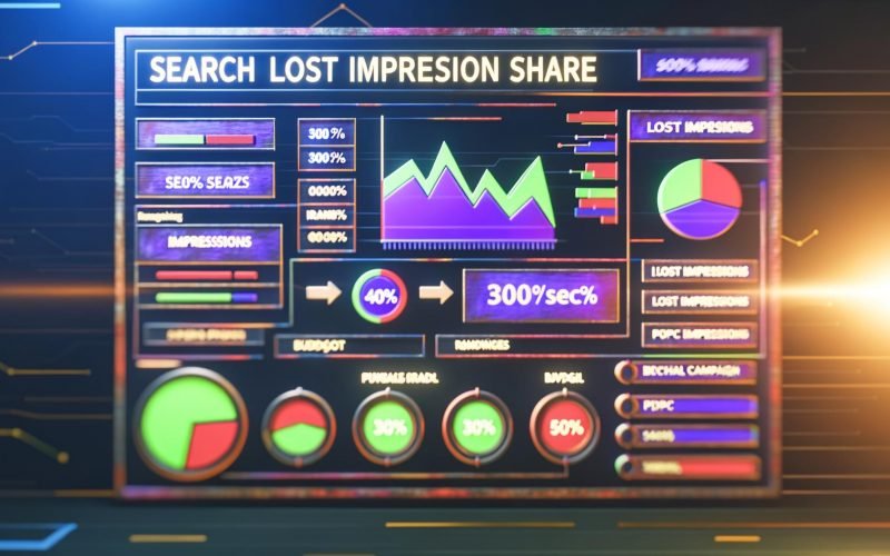 Modernes Dashboard mit Suchmaschinen-Impressionen, farblich segmentierte Diagramme zu verlorenen Impressionen durch Budget und Ranking, technische SEO-Hinweise und PPC-Budget-Schieberegler.
