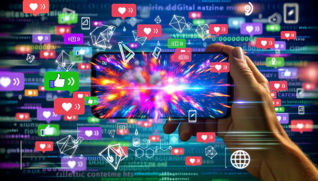 Explosive, farbenfrohe Smartphone-Bildschirme mit Kurzvideos, auffälligen Hooks, Untertiteln, Emojis sowie schwebenden Logos von YouTube Shorts, Instagram Reels und TikTok, umgeben von Datenströmen und Algorithmus-Grafiken.