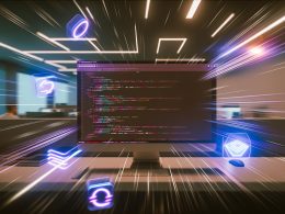 High-Tech-Arbeitsplatz mit modernem Computer, minimalem CSS-Code und Werkzeug-Symbolen wie PurgeCSS, Webpack und Chrome DevTools. Vorher-Nachher-Effekt von unaufgeräumten zu optimierten Dateien.
